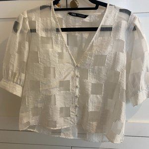Zara White Checkered Top with Button Closure